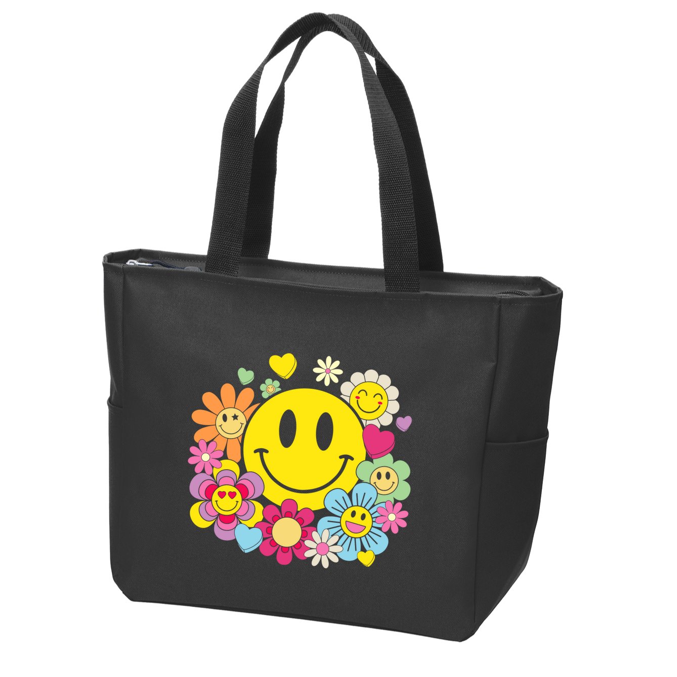 Retro Smile Face Flower Happy Face Flowers Heart Girl Zip Tote Bag