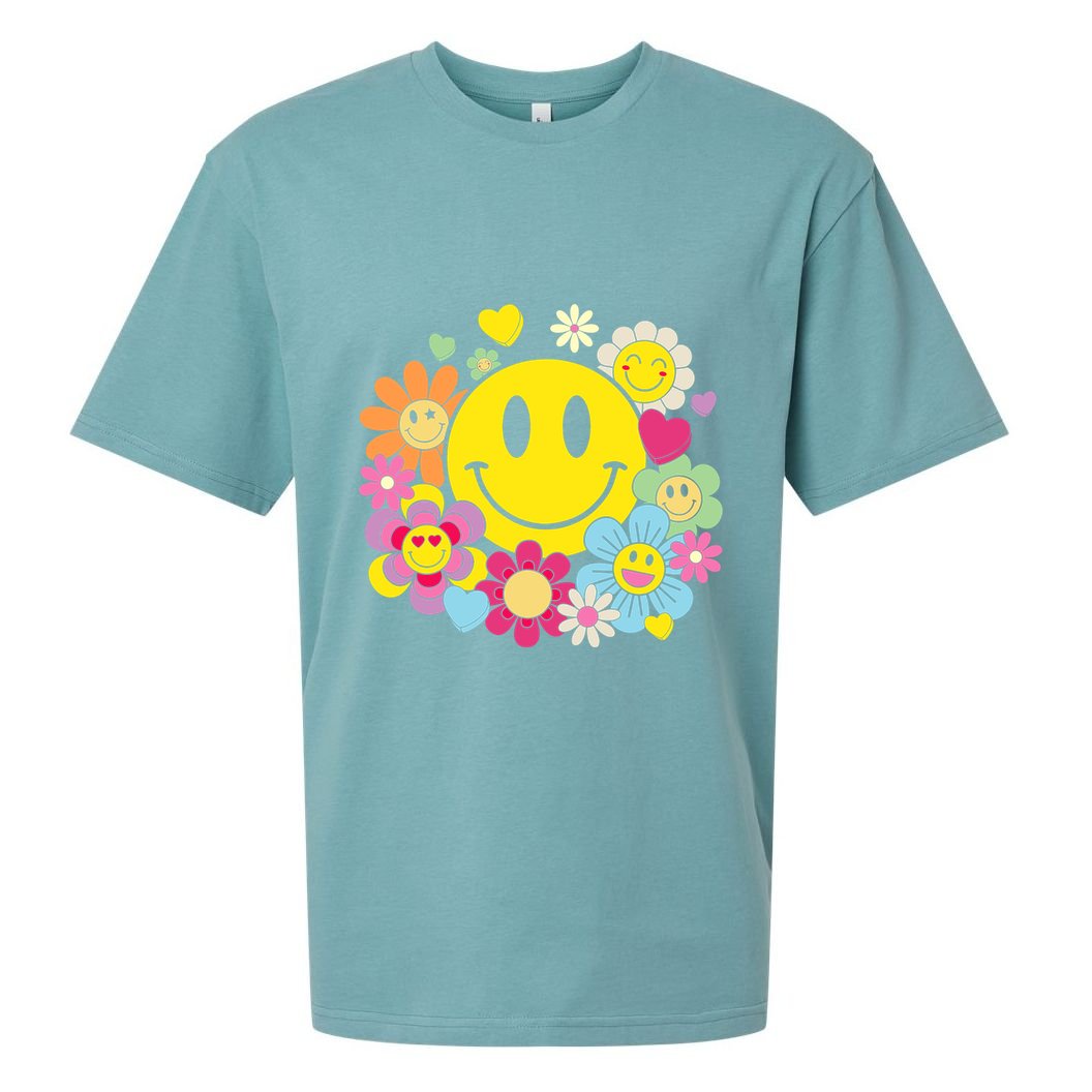 Retro Smile Face Flower Happy Face Flowers Heart Girl Sueded Cloud Jersey T-Shirt
