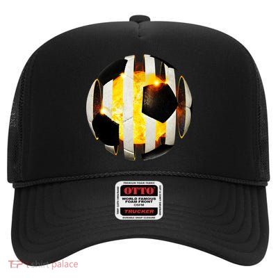 Ripped Soccer Futbol Fire Ball High Crown Mesh Back Trucker Hat