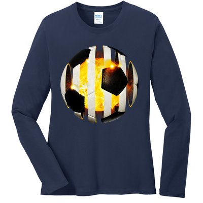 Ripped Soccer Futbol Fire Ball Ladies Long Sleeve Shirt