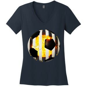 Ripped Soccer Futbol Fire Ball Women's V-Neck T-Shirt