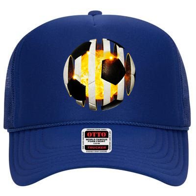 Ripped Soccer Futbol Fire Ball High Crown Mesh Back Trucker Hat