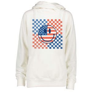 Retro Smiley Face American Flag 4th Of July Patriotic Womens Funnel Neck Pullover Hood