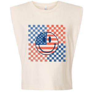 Retro Smiley Face American Flag 4th Of July Patriotic Garment-Dyed Women's Muscle Tee