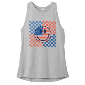 Retro Smiley Face American Flag 4th Of July Patriotic Ladies PosiCharge Tri-Blend Wicking Tank