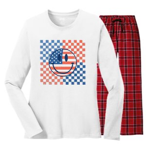 Retro Smiley Face American Flag 4th Of July Patriotic Women's Long Sleeve Flannel Pajama Set 