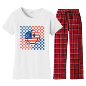 Retro Smiley Face American Flag 4th Of July Patriotic Women's Flannel Pajama Set