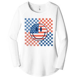 Retro Smiley Face American Flag 4th Of July Patriotic Women's Perfect Tri Tunic Long Sleeve Shirt