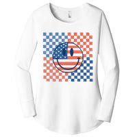 Retro Smiley Face American Flag 4th Of July Patriotic Women's Perfect Tri Tunic Long Sleeve Shirt