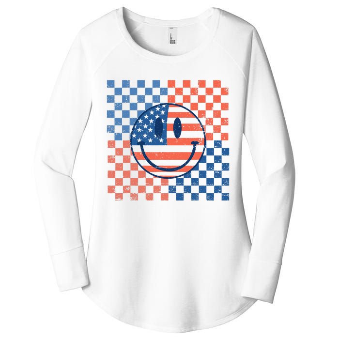 Retro Smiley Face American Flag 4th Of July Patriotic Women's Perfect Tri Tunic Long Sleeve Shirt