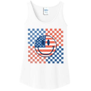 Retro Smiley Face American Flag 4th Of July Patriotic Ladies Essential Tank