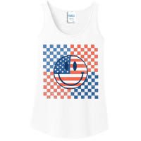 Retro Smiley Face American Flag 4th Of July Patriotic Ladies Essential Tank