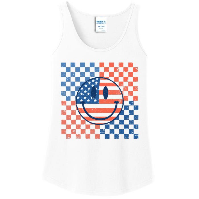 Retro Smiley Face American Flag 4th Of July Patriotic Ladies Essential Tank