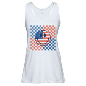 Retro Smiley Face American Flag 4th Of July Patriotic Ladies Essential Flowy Tank