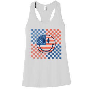 Retro Smiley Face American Flag 4th Of July Patriotic Women's Racerback Tank