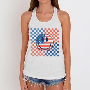 Retro Smiley Face American Flag 4th Of July Patriotic Women's Knotted Racerback Tank