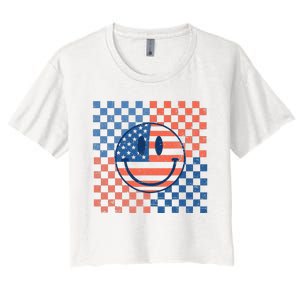 Retro Smiley Face American Flag 4th Of July Patriotic Women's Crop Top Tee