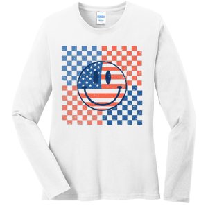 Retro Smiley Face American Flag 4th Of July Patriotic Ladies Long Sleeve Shirt