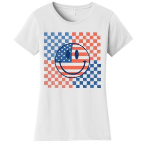 Retro Smiley Face American Flag 4th Of July Patriotic Women's T-Shirt