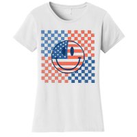 Retro Smiley Face American Flag 4th Of July Patriotic Women's T-Shirt