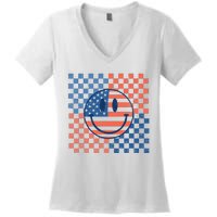 Retro Smiley Face American Flag 4th Of July Patriotic Women's V-Neck T-Shirt