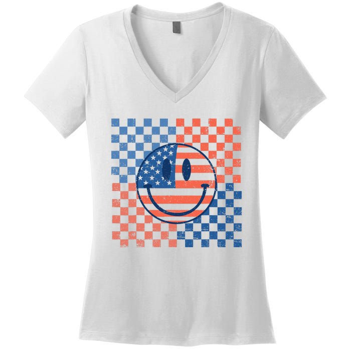 Retro Smiley Face American Flag 4th Of July Patriotic Women's V-Neck T-Shirt