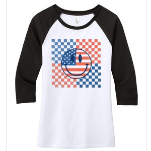 Retro Smiley Face American Flag 4th Of July Patriotic Women's Tri-Blend 3/4-Sleeve Raglan Shirt