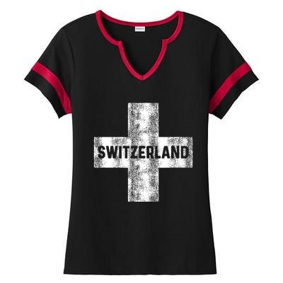 Retro Swiss Flag Of Switzerland Women Souvenir Gift Ladies Halftime Notch Neck Tee