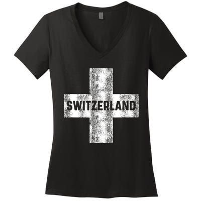 Retro Swiss Flag Of Switzerland Women Souvenir Gift Women's V-Neck T-Shirt