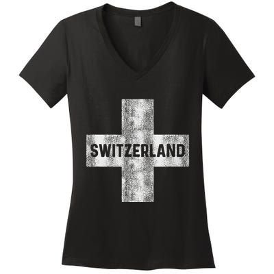 Retro Swiss Flag Of Switzerland Souvenir Gift Women's V-Neck T-Shirt
