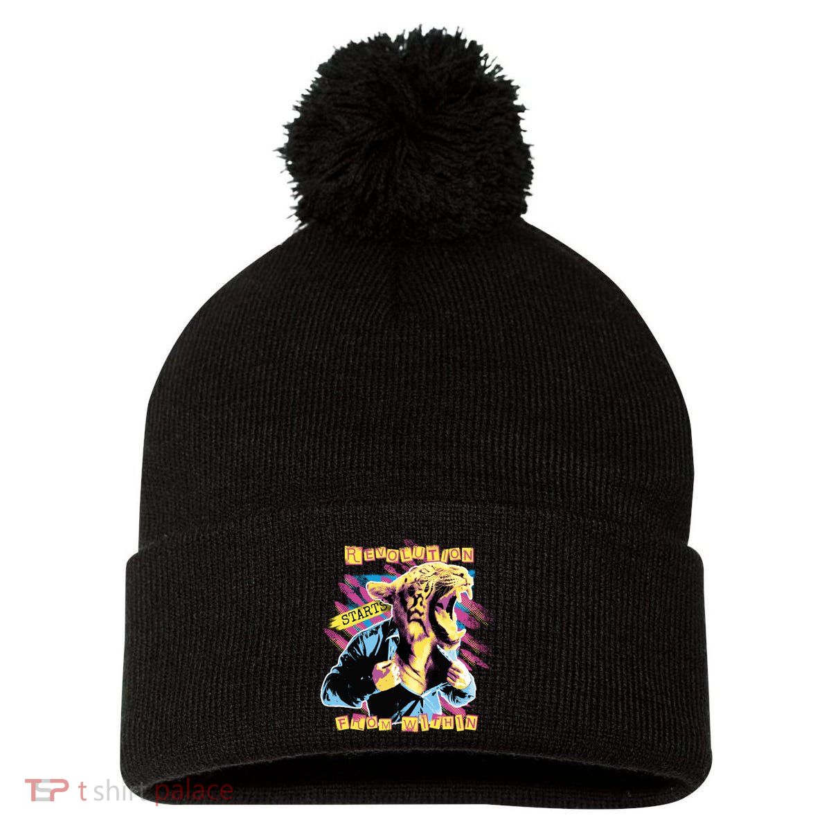 Revolution Starts From Within Lion Quote Pom Pom 12in Knit Beanie