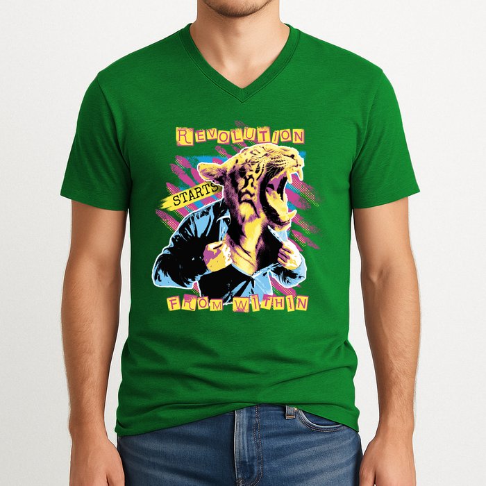 Revolution Starts From Within Lion Quote V-Neck T-Shirt