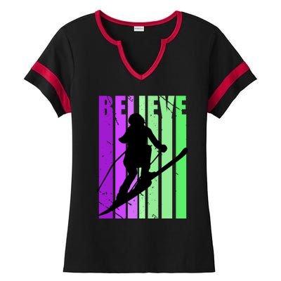 Retro Skiing Females Downhill Skiing Alpine Ski Great Gift Ladies Halftime Notch Neck Tee