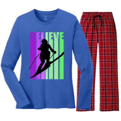 Retro Skiing Females Downhill Skiing Alpine Ski Great Gift Women's Long Sleeve Flannel Pajama Set 