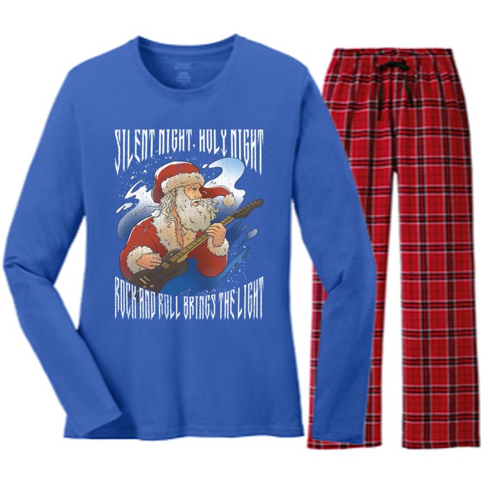 Rock Santa Guitar Guitarist Christmas Rock N Roll Great Gift Women's Long Sleeve Flannel Pajama Set 