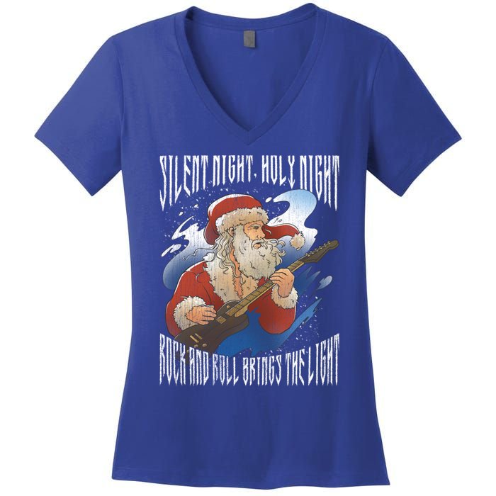 Rock Santa Guitar Guitarist Christmas Rock N Roll Great Gift Women's V-Neck T-Shirt