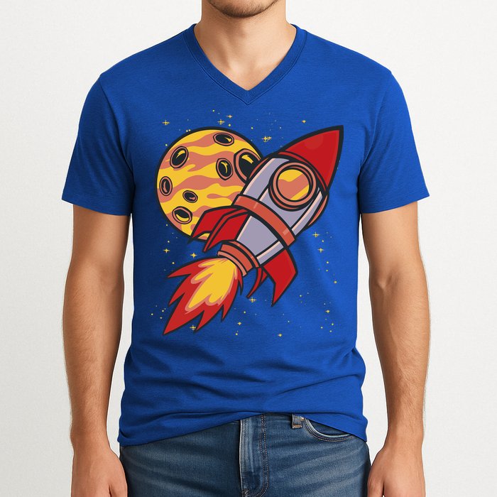 Rocket Spaceship Galaxy Retro V-Neck T-Shirt