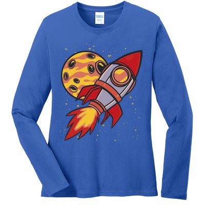 Rocket Spaceship Galaxy Retro Ladies Long Sleeve Shirt