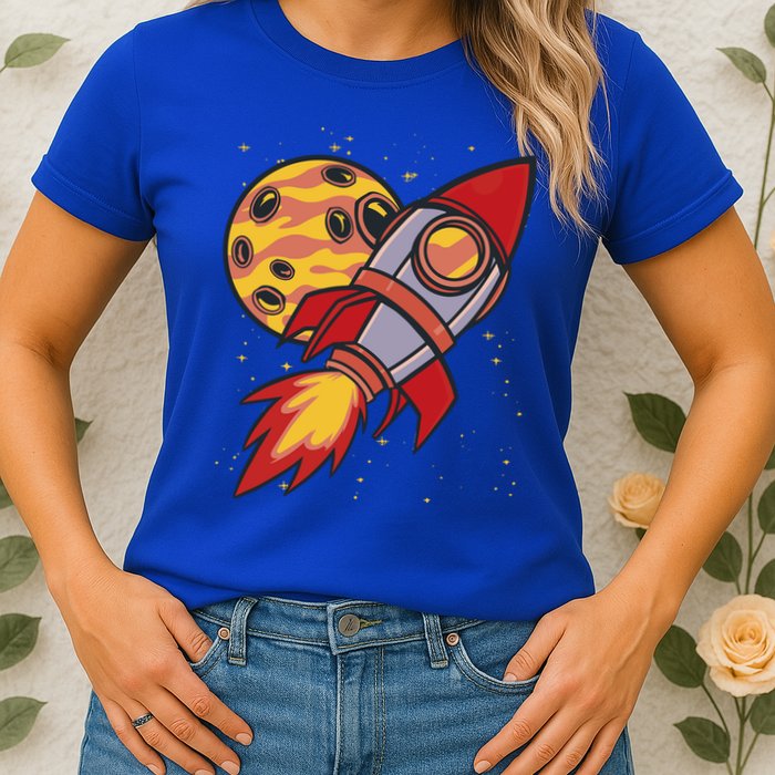 Rocket Spaceship Galaxy Retro Womens T-Shirt