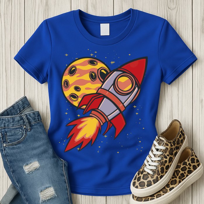 Rocket Spaceship Galaxy Retro Womens T-Shirt