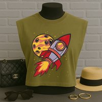 Rocket Spaceship Galaxy Retro Garment-Dyed Women's Muscle Tee