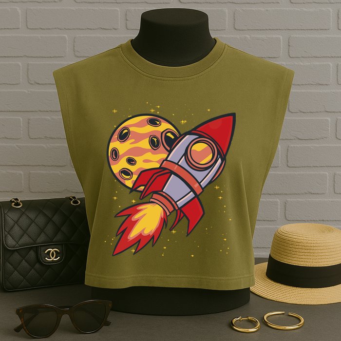 Rocket Spaceship Galaxy Retro Garment-Dyed Women's Muscle Tee