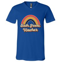 Retro Sixth Grade Teacher Rainbow Back To School 6Th Grade Great Gift V-Neck T-Shirt