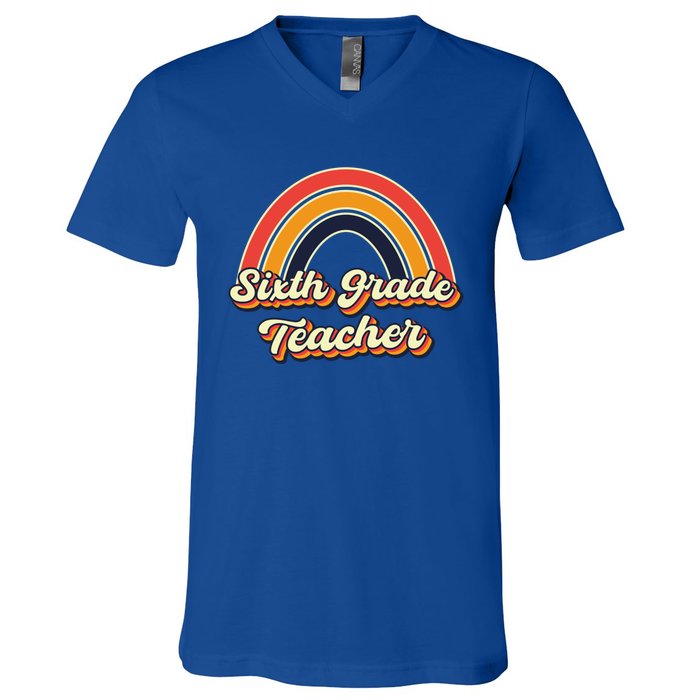 Retro Sixth Grade Teacher Rainbow Back To School 6Th Grade Great Gift V-Neck T-Shirt