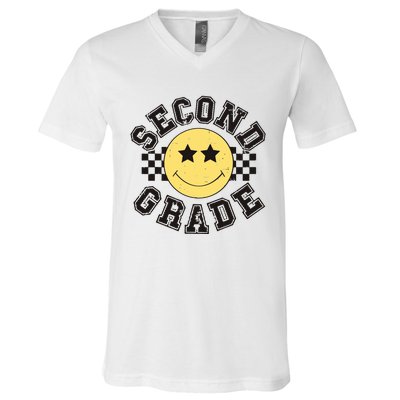 Retro Second Grade Smile Face Back To School Teacher Student V-Neck T-Shirt