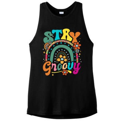 Retro Stay Groovy Cute Floral Rainbow Vintage Hippie 70's Ladies PosiCharge Tri-Blend Wicking Tank