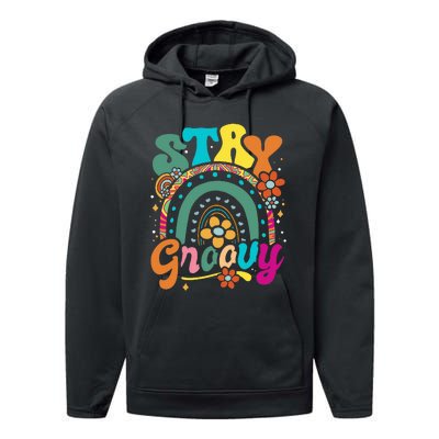 Retro Stay Groovy Cute Floral Rainbow Vintage Hippie 70's Performance Fleece Hoodie