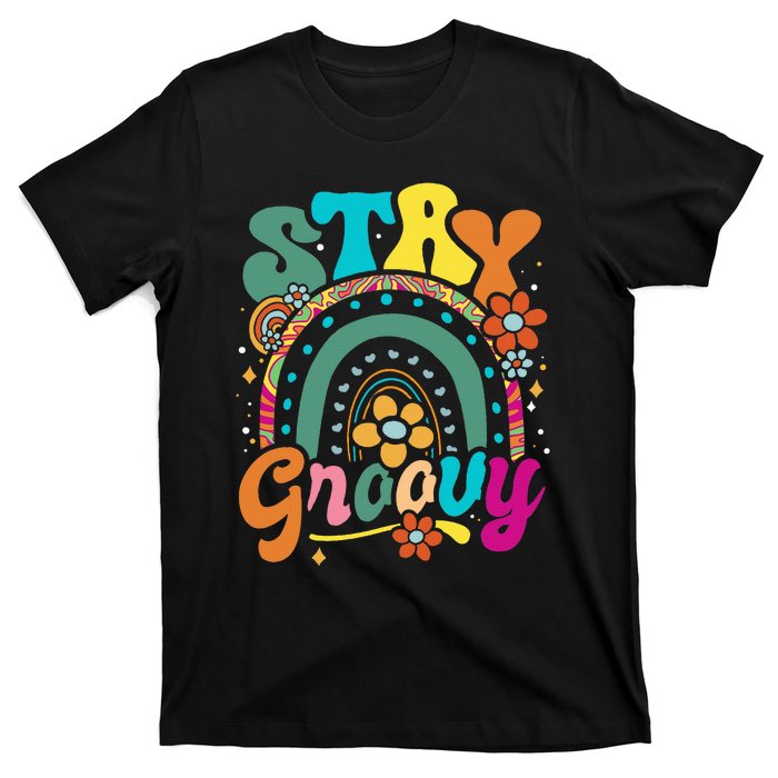 Retro Stay Groovy Cute Floral Rainbow Vintage Hippie 70's T-Shirt