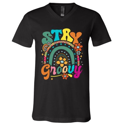 Retro Stay Groovy Cute Floral Rainbow Vintage Hippie 70's V-Neck T-Shirt