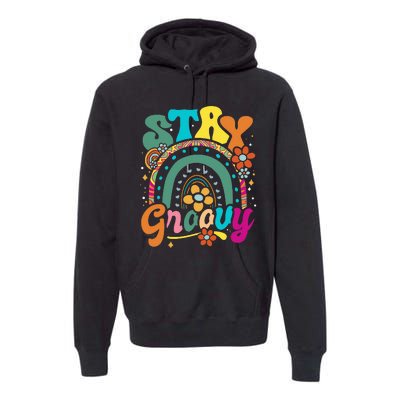 Retro Stay Groovy Cute Floral Rainbow Vintage Hippie 70's Premium Hoodie